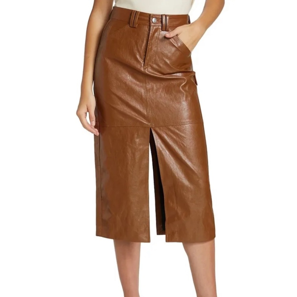A.L.C. Brown Leather Midi Skirt with Front Slit